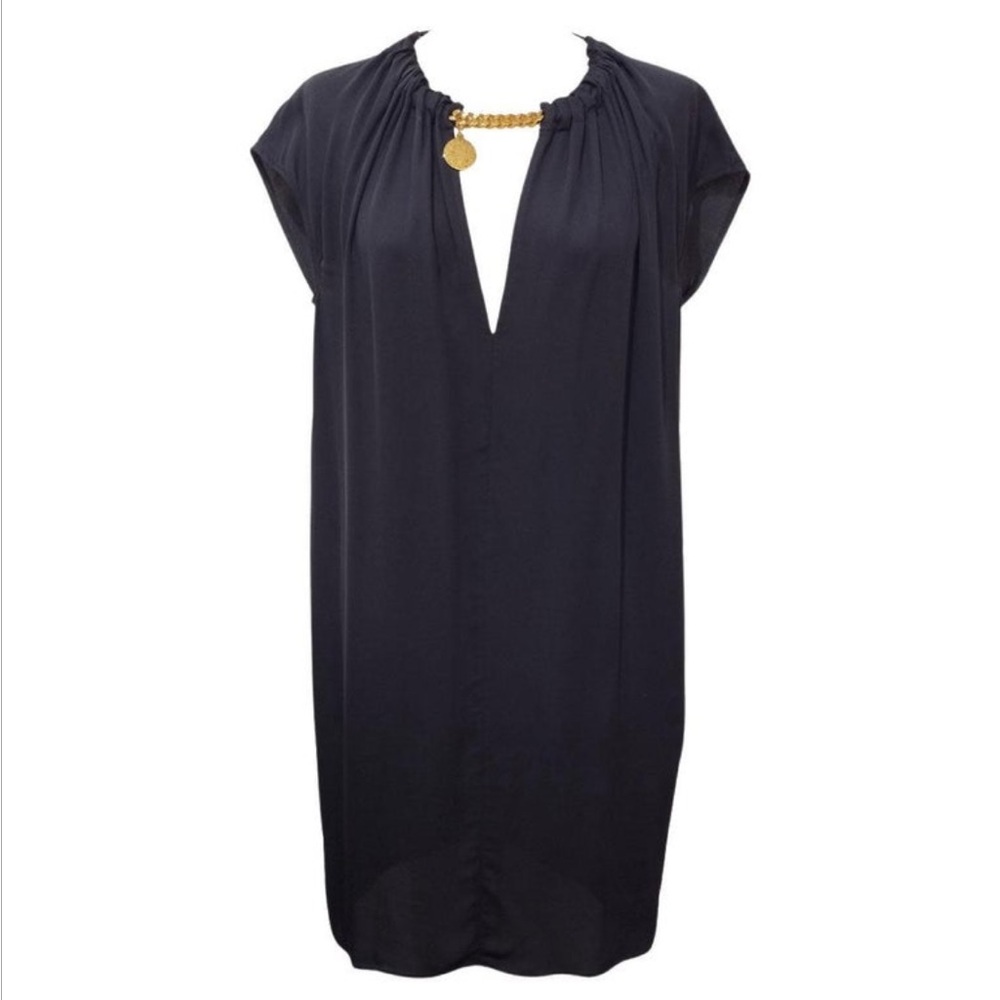 STELLA McCARTNEY Navy Shift‎ Dress Gold Chain Accent Signature Logo Plaque 40